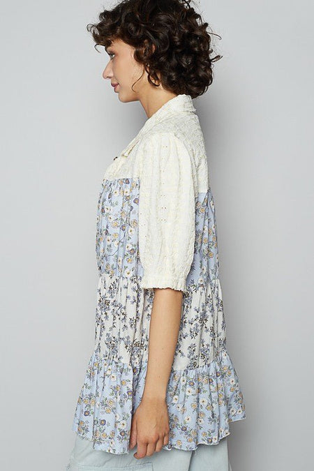 POL Ruffled Hem Floral Button Up Half Sleeve Shirt - Sleekdenim.com