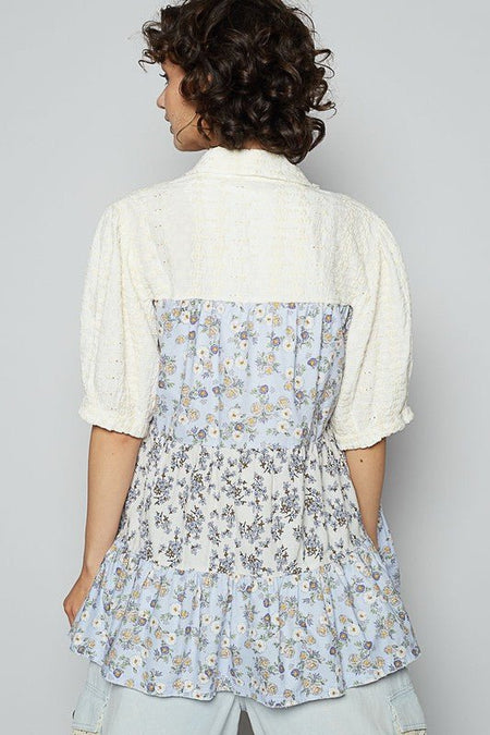 POL Ruffled Hem Floral Button Up Half Sleeve Shirt - Sleekdenim.com