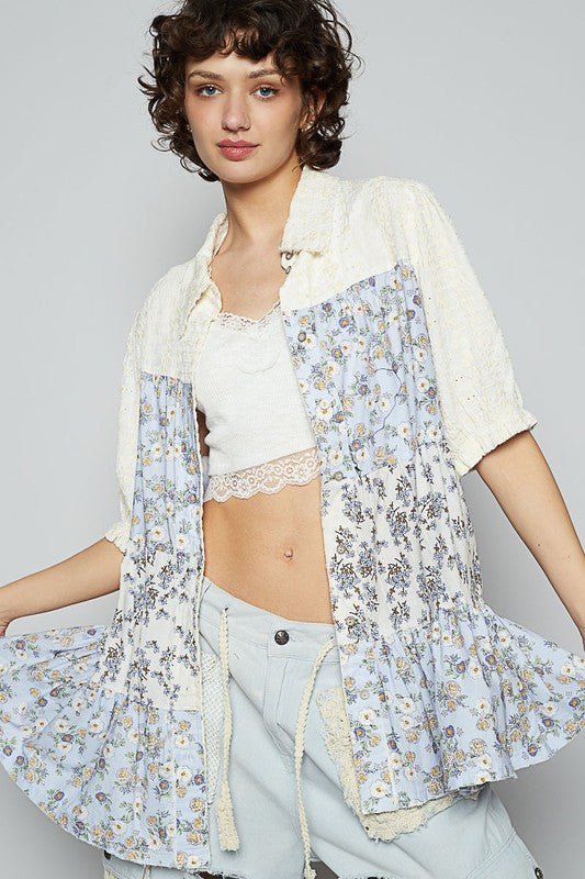 POL Ruffled Hem Floral Button Up Half Sleeve Shirt - Sleekdenim.com