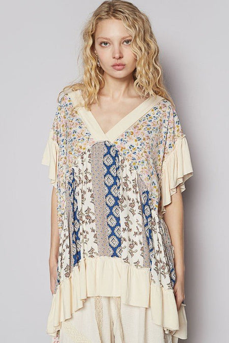 POL Ruffled Hem Printed V - Neck Short Sleeve Blouse - Sleekdenim.com