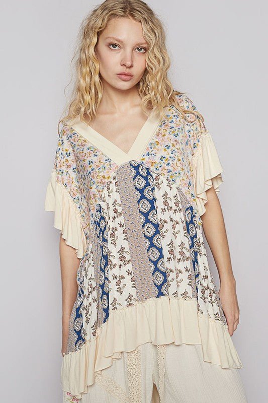 POL Ruffled Hem Printed V - Neck Short Sleeve Blouse - Sleekdenim.com