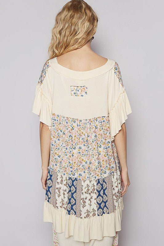 POL Ruffled Hem Printed V - Neck Short Sleeve Blouse - Sleekdenim.com