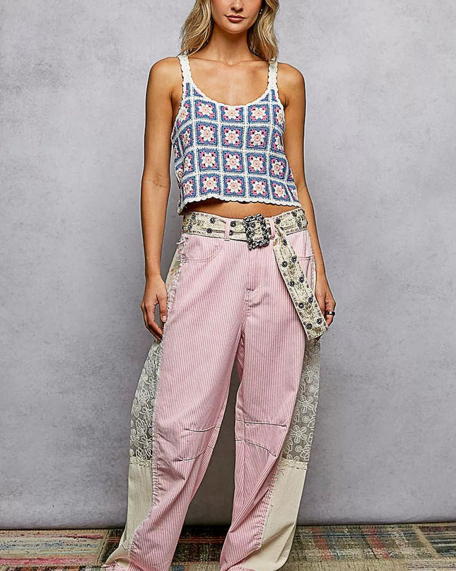 POL Scalloped Edge Cropped Crochet Cami with Granny Square Pattern - Sleekdenim.com