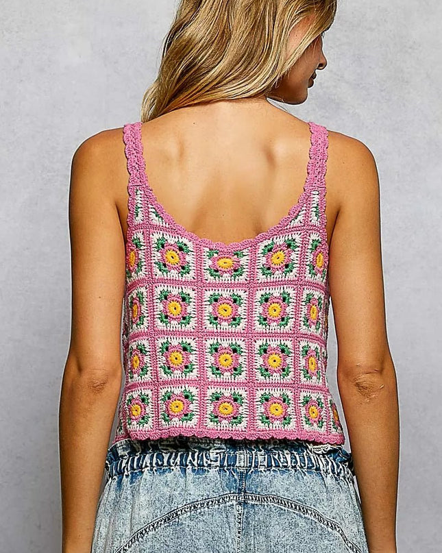 POL Scalloped Edge Cropped Crochet Cami with Granny Square Pattern - Sleekdenim.com