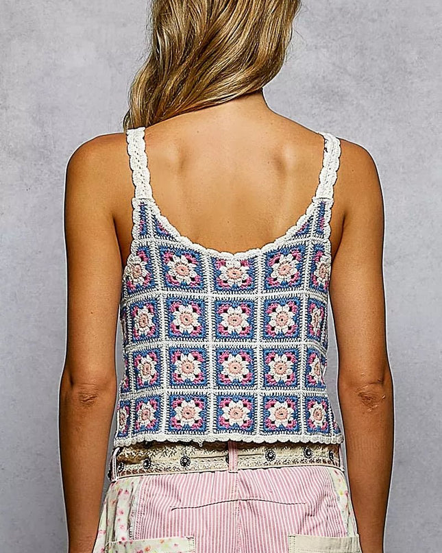 POL Scalloped Edge Cropped Crochet Cami with Granny Square Pattern - Sleekdenim.com