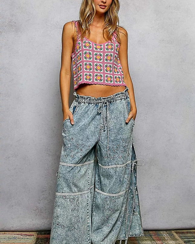 POL Scalloped Edge Cropped Crochet Cami with Granny Square Pattern - Sleekdenim.com