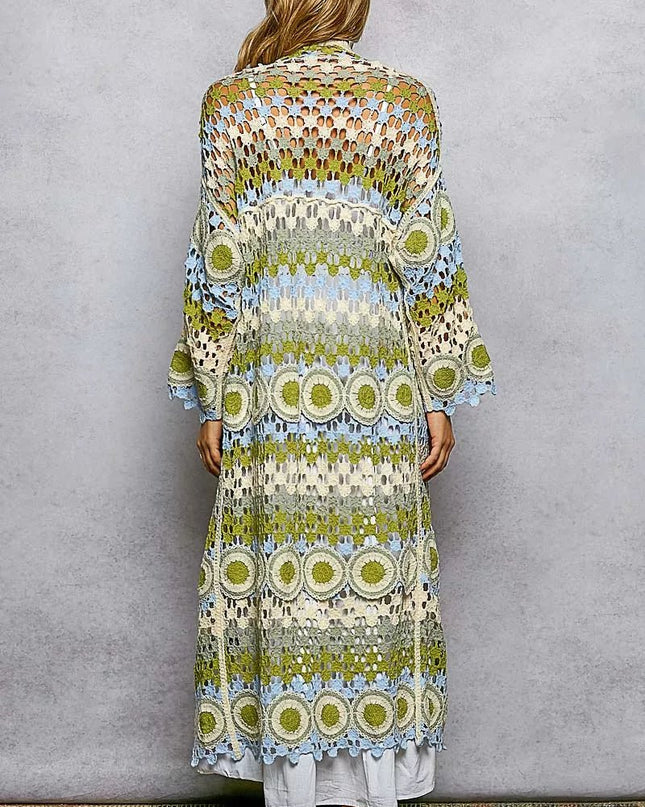 POL Scalloped Edge Open Front Crochet Cardigan with Colorful Stripe Pattern - Sleekdenim.com