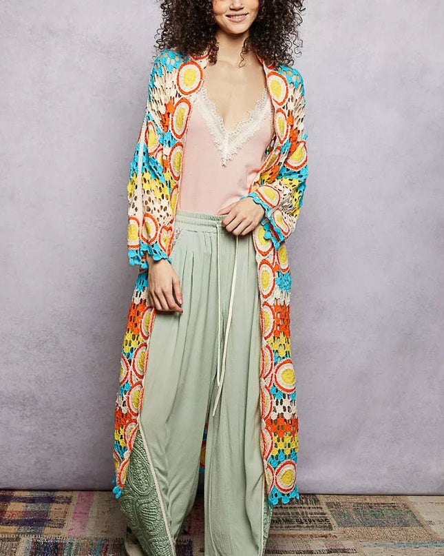 POL Scalloped Edge Open Front Crochet Cardigan with Colorful Stripe Pattern - Sleekdenim.com