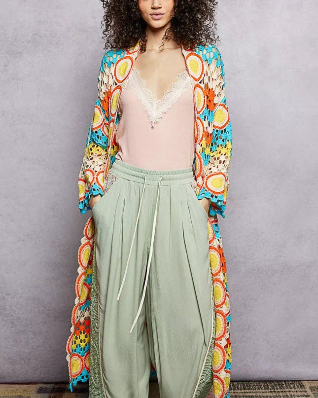 POL Scalloped Edge Open Front Crochet Cardigan with Colorful Stripe Pattern - Sleekdenim.com