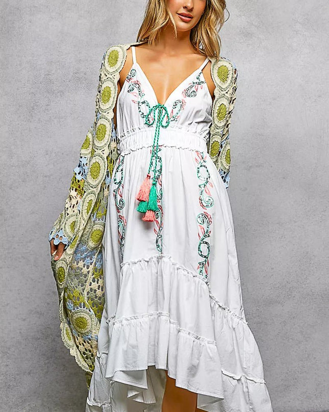 POL Scalloped Edge Open Front Crochet Cardigan with Colorful Stripe Pattern - Sleekdenim.com