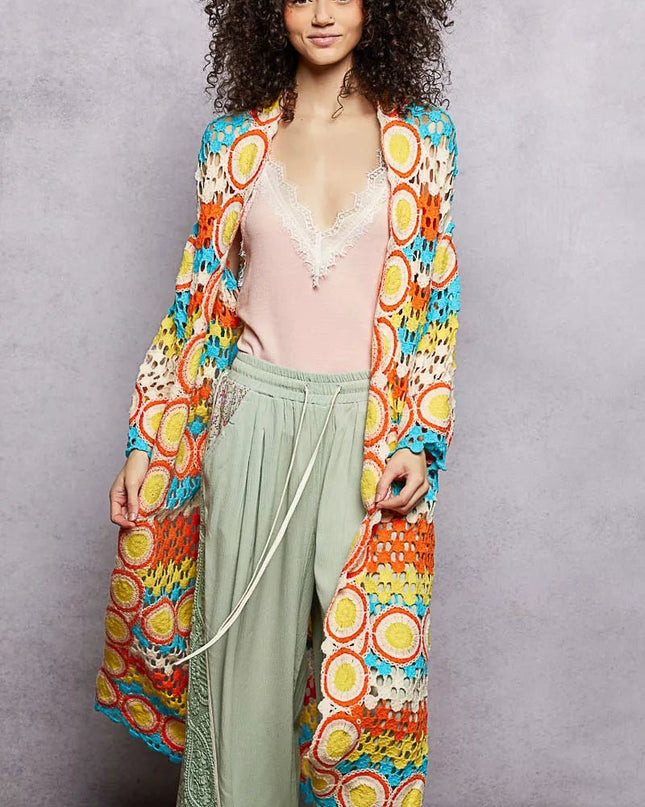 POL Scalloped Edge Open Front Crochet Cardigan with Colorful Stripe Pattern - Sleekdenim.com