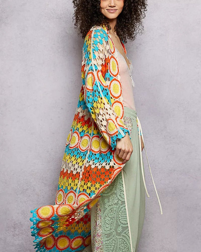 POL Scalloped Edge Open Front Crochet Cardigan with Colorful Stripe Pattern - Sleekdenim.com