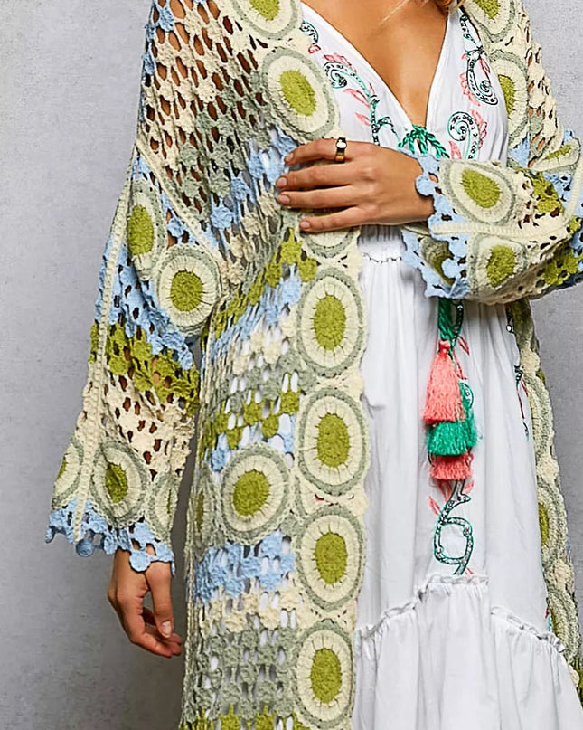 POL Scalloped Edge Open Front Crochet Cardigan with Colorful Stripe Pattern - Sleekdenim.com