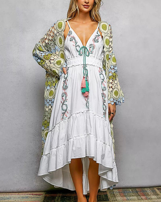 POL Scalloped Edge Open Front Crochet Cardigan with Colorful Stripe Pattern - Sleekdenim.com