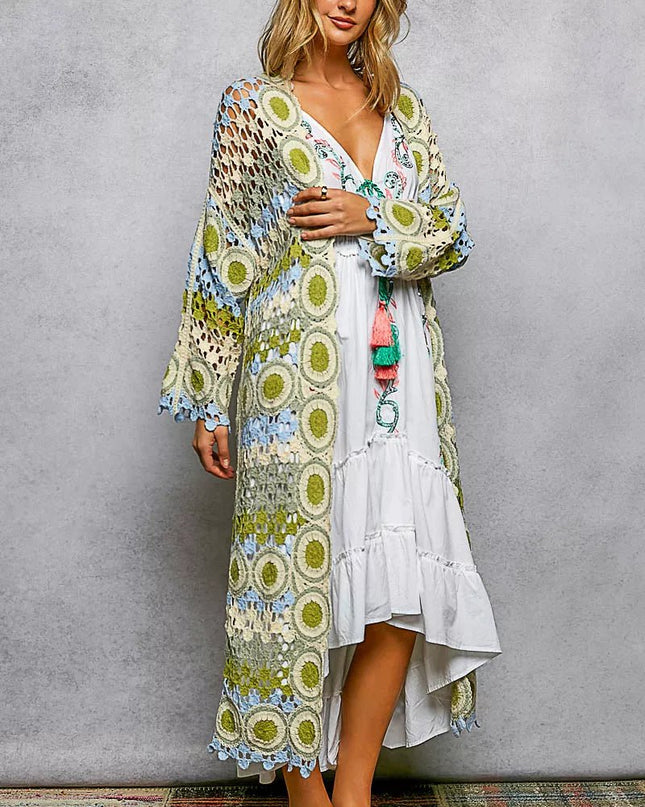 POL Scalloped Edge Open Front Crochet Cardigan with Colorful Stripe Pattern - Sleekdenim.com