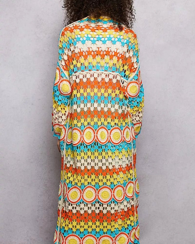 POL Scalloped Edge Open Front Crochet Cardigan with Colorful Stripe Pattern - Sleekdenim.com