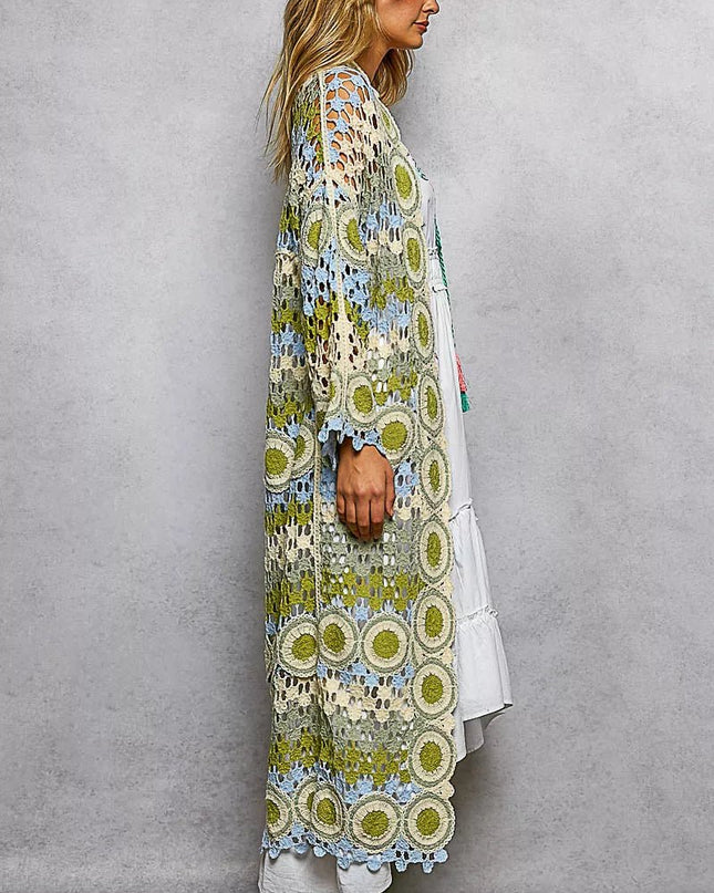 POL Scalloped Edge Open Front Crochet Cardigan with Colorful Stripe Pattern - Sleekdenim.com