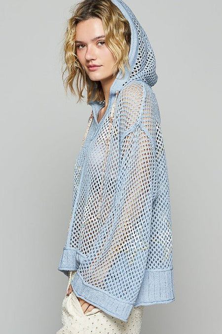 POL Star Openwork Long Sleeve Hooded Knit Cover Up - Sleekdenim.com