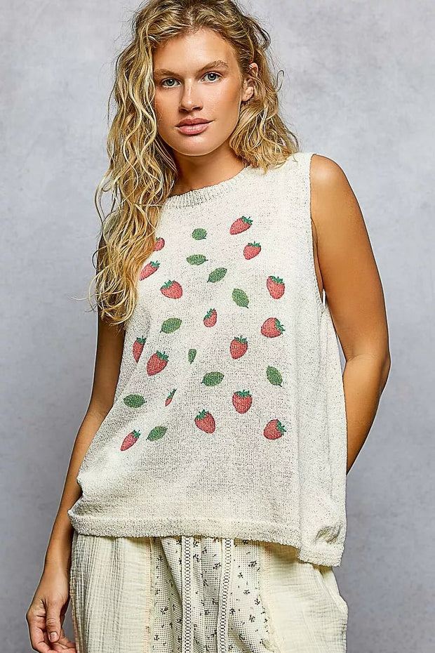 POL Strawberry Pattern Round Neck Sleeveless Sweater Top - Sleekdenim.com