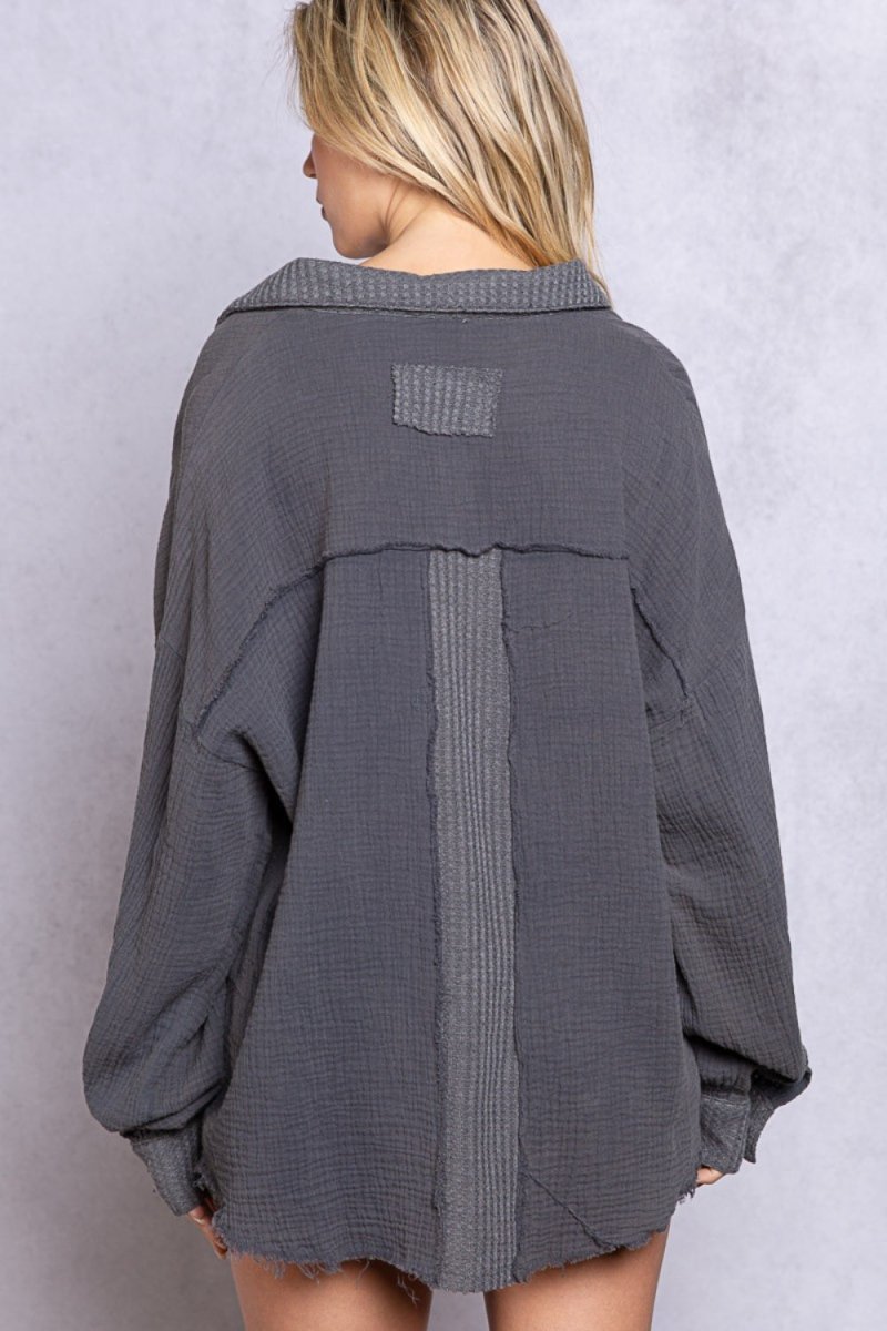 POL Texture Half Button Long Sleeve Top - Sleekdenim.com