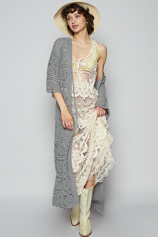 POL Tied Crochet 3/4 Sleeve Longline Cardigan - Sleekdenim.com