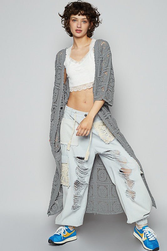 POL Tied Crochet 3/4 Sleeve Longline Cardigan - Sleekdenim.com