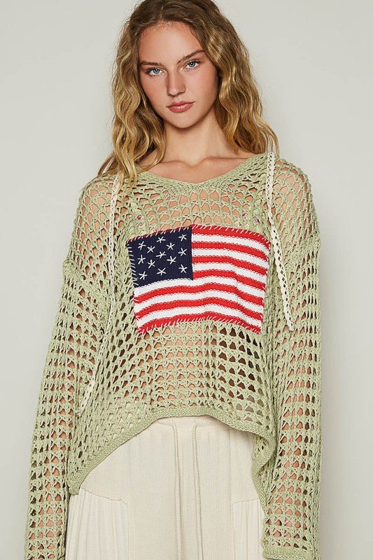 POL US Flag Hollow Out Long Sleeve Knit Cover Up - Sleekdenim.com