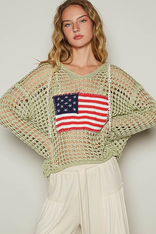 POL US Flag Hollow Out Long Sleeve Knit Cover Up - Sleekdenim.com