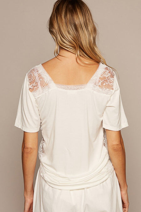 POL V - Neck Short Sleeve Lace Trim Top - Sleekdenim.com