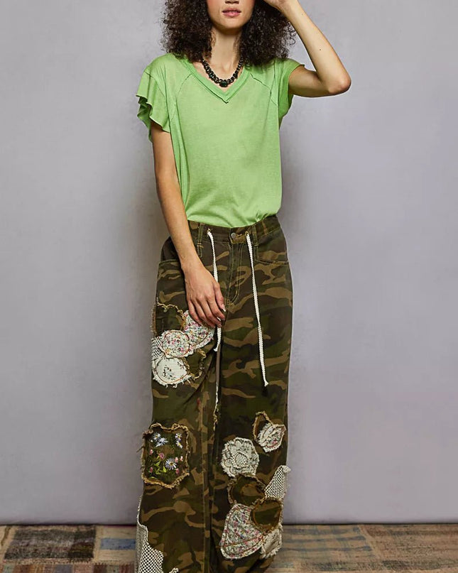 POL V - Neck Short Sleeve T-Shirt with Ruffle Sleeve - Sleekdenim.com