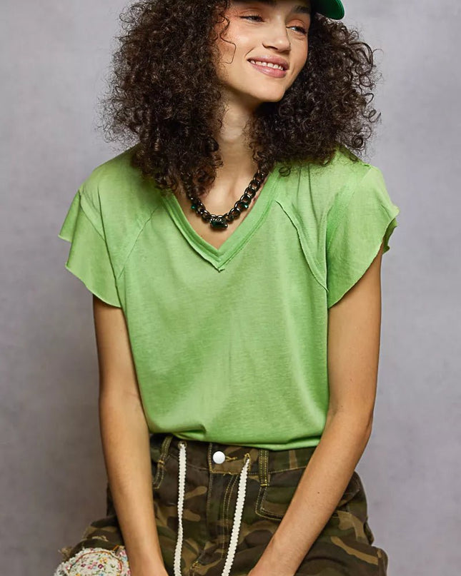 POL V - Neck Short Sleeve T-Shirt with Ruffle Sleeve - Sleekdenim.com