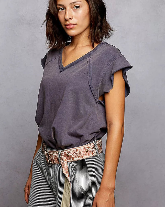 POL V - Neck Short Sleeve T-Shirt with Ruffle Sleeve - Sleekdenim.com