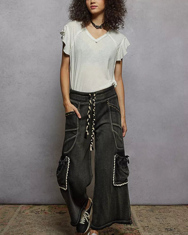 POL V - Neck Short Sleeve T-Shirt with Ruffle Sleeve - Sleekdenim.com