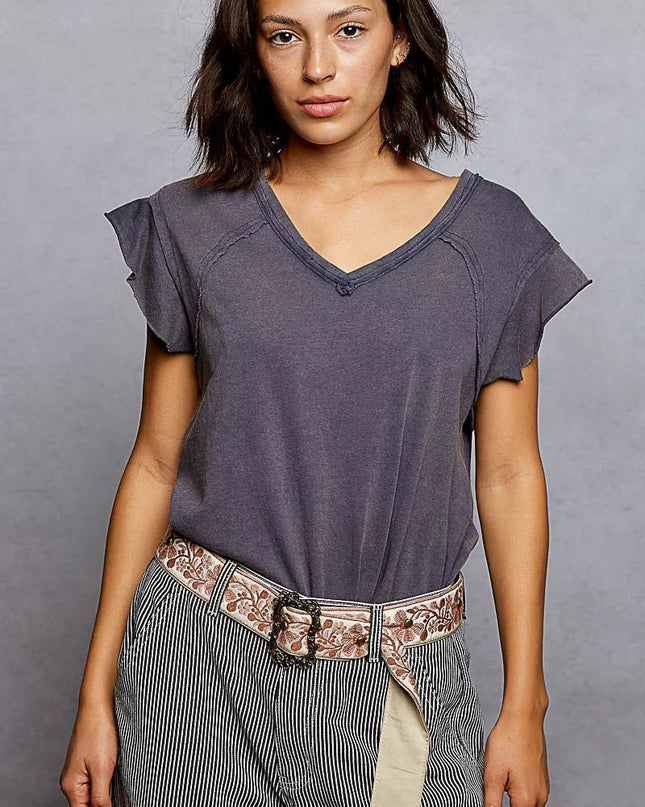POL V - Neck Short Sleeve T-Shirt with Ruffle Sleeve - Sleekdenim.com