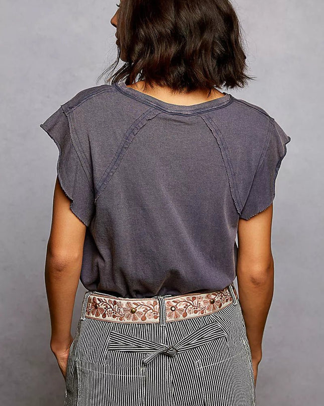 POL V - Neck Short Sleeve T-Shirt with Ruffle Sleeve - Sleekdenim.com