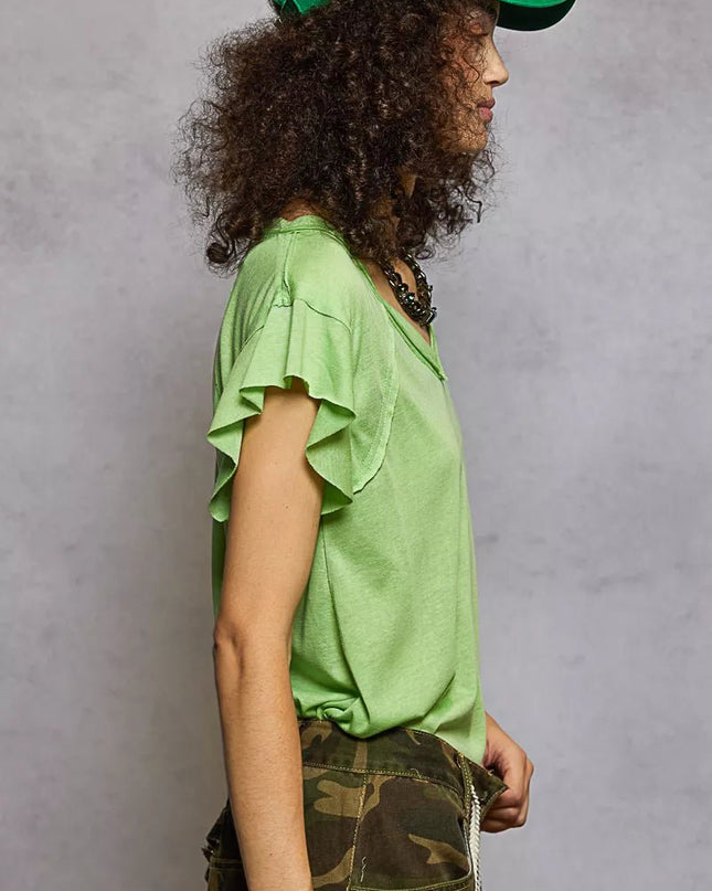 POL V - Neck Short Sleeve T-Shirt with Ruffle Sleeve - Sleekdenim.com