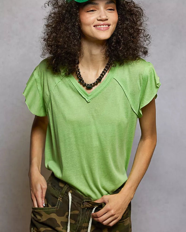 POL V - Neck Short Sleeve T-Shirt with Ruffle Sleeve - Sleekdenim.com