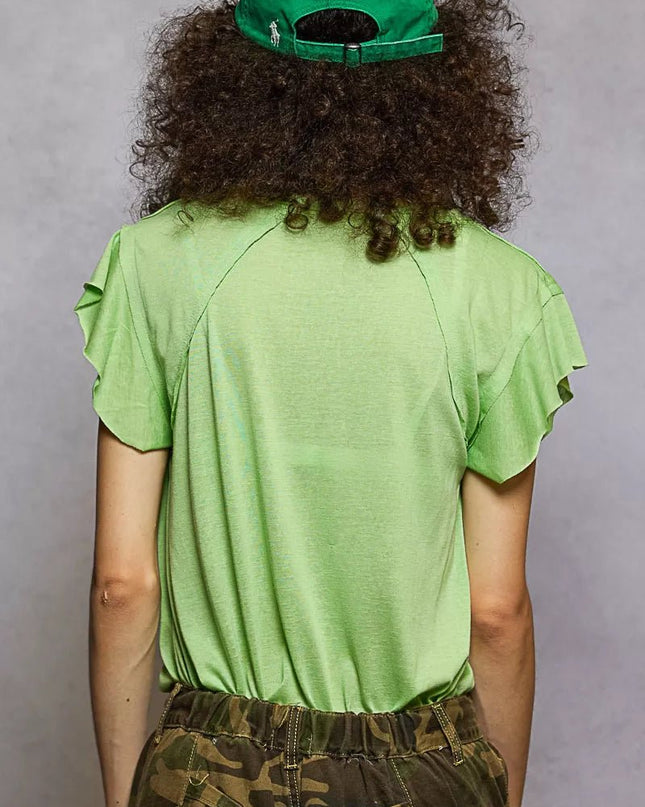 POL V - Neck Short Sleeve T-Shirt with Ruffle Sleeve - Sleekdenim.com