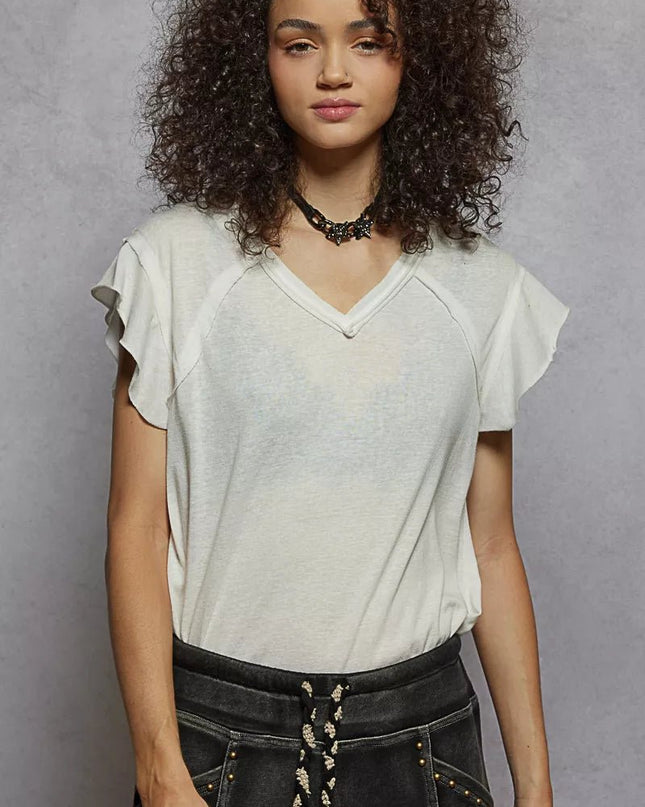 POL V - Neck Short Sleeve T-Shirt with Ruffle Sleeve - Sleekdenim.com