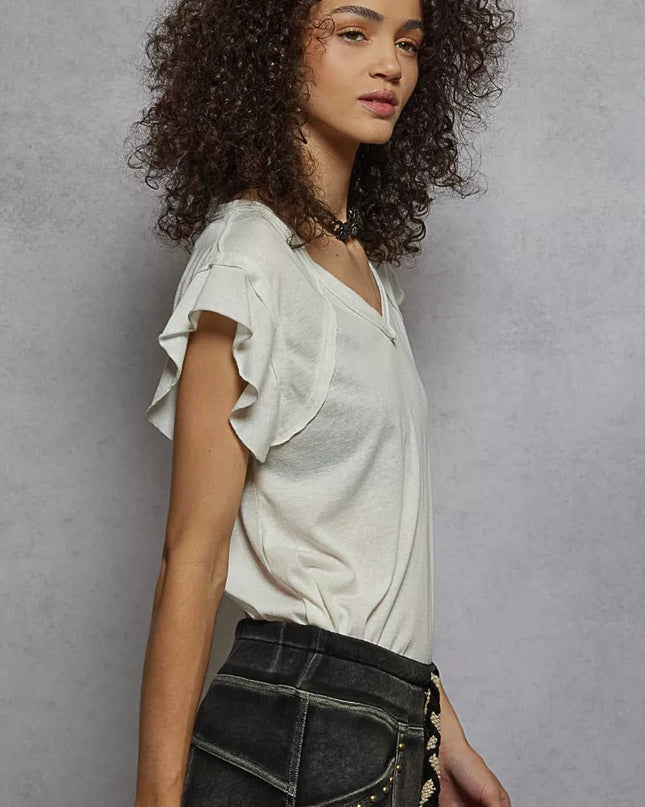 POL V - Neck Short Sleeve T-Shirt with Ruffle Sleeve - Sleekdenim.com
