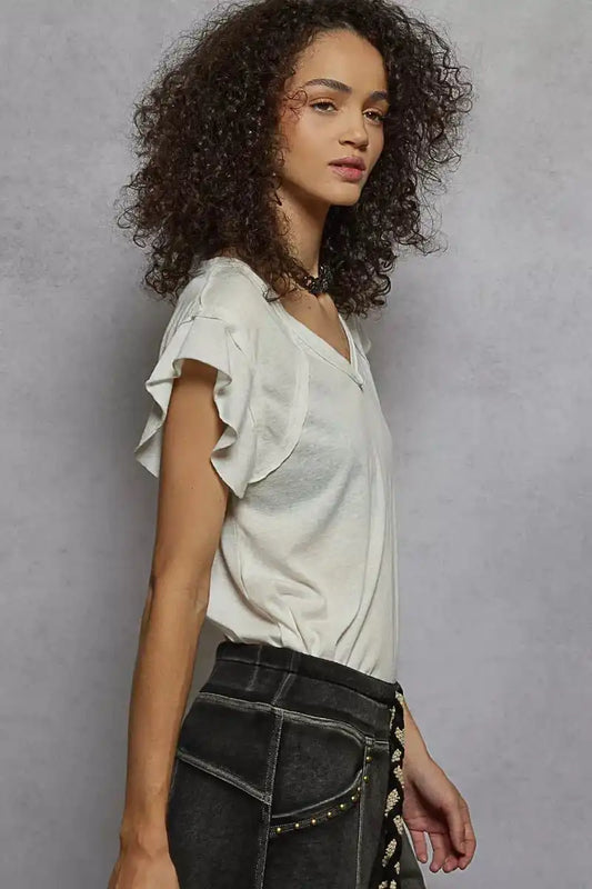 POL V-Neck Short Sleeve T-Shirt with Ruffle Sleeve - Sleekdenim.com
