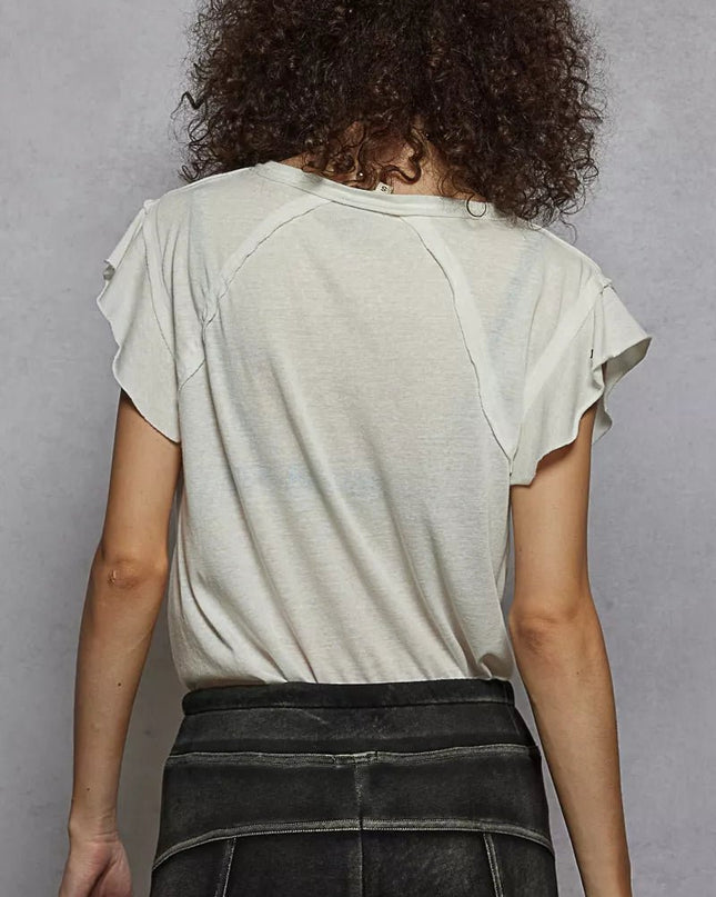 POL V - Neck Short Sleeve T-Shirt with Ruffle Sleeve - Sleekdenim.com