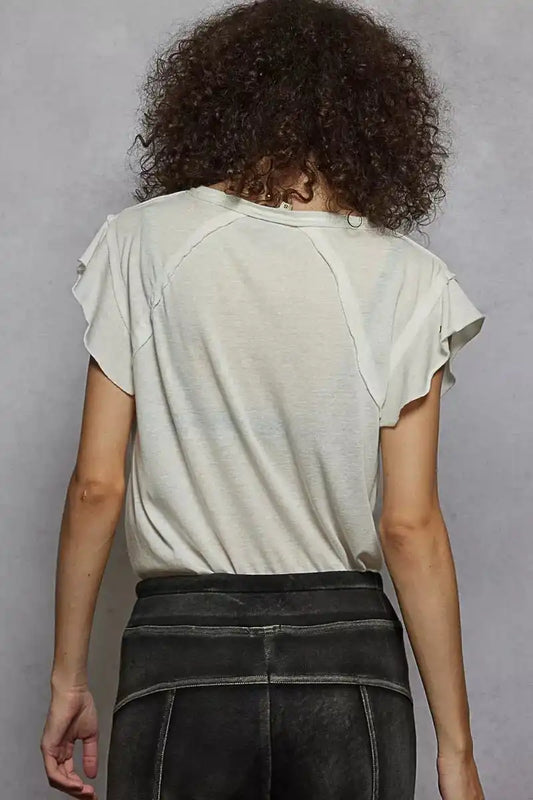 POL V-Neck Short Sleeve T-Shirt with Ruffle Sleeve - Sleekdenim.com