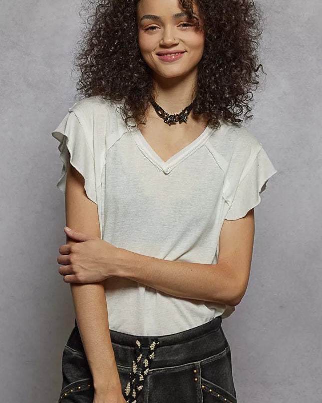 POL V - Neck Short Sleeve T-Shirt with Ruffle Sleeve - Sleekdenim.com