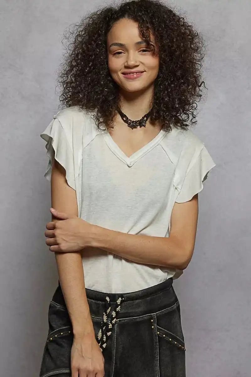 POL V-Neck Short Sleeve T-Shirt with Ruffle Sleeve - Sleekdenim.com