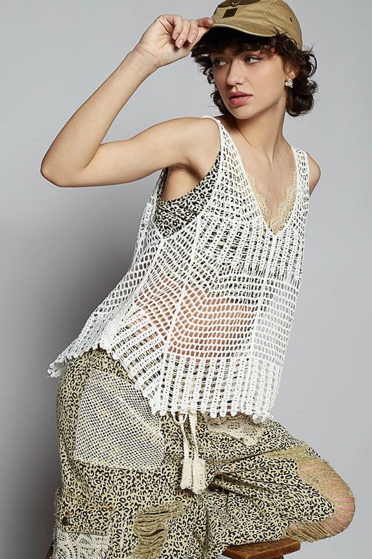 POL V - Neck Sleeveless Woven Crochet Knit Cover Up - Sleekdenim.com