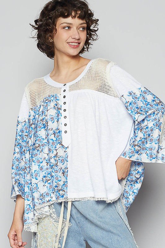 POL Washed Floral Print Crochet Detail Top - Sleekdenim.com