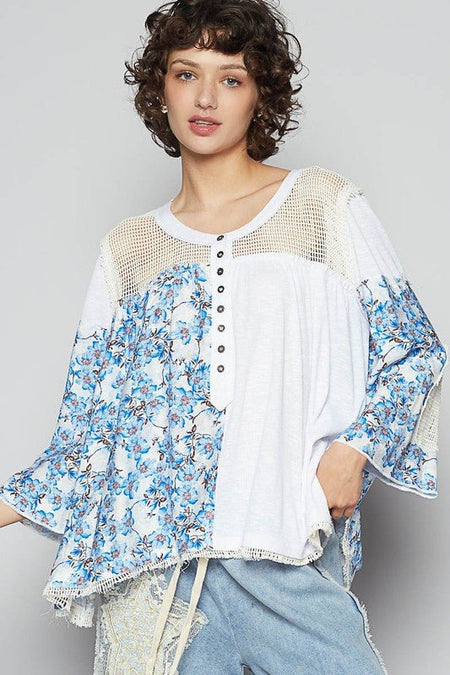 POL Washed Floral Print Crochet Detail Top - Sleekdenim.com