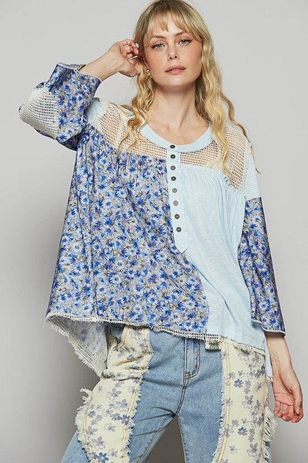 POL Washed Floral Print Crochet Detail Top - Sleekdenim.com