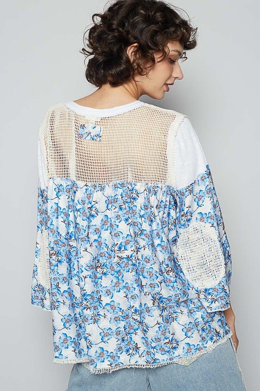 POL Washed Floral Print Crochet Detail Top - Sleekdenim.com